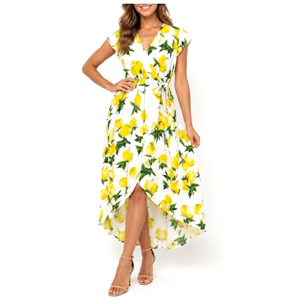 Dream of Me Lemon Print Yellow & White High Low Faux Wrap Dress Size Large